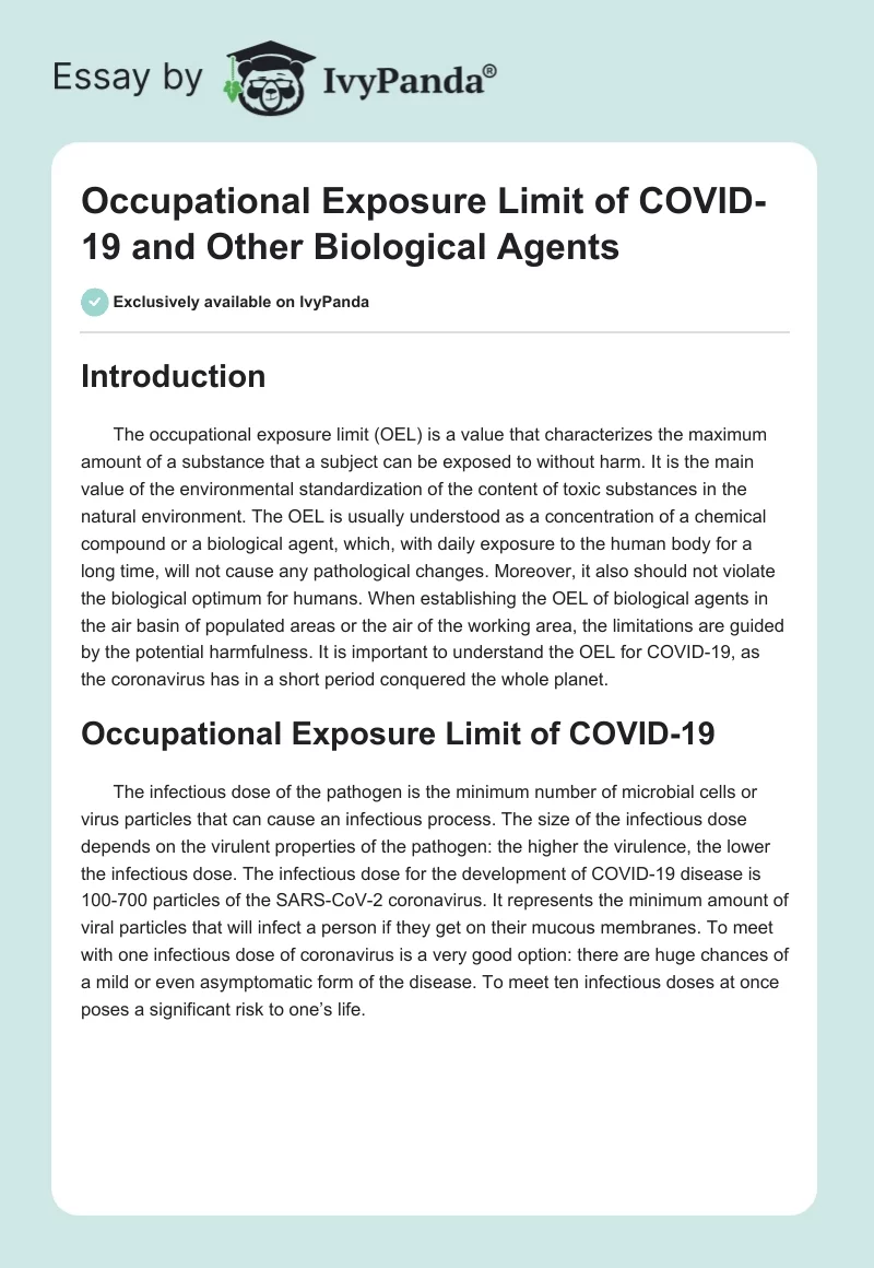 Occupational Exposure Limit of COVID-19 and Other Biological Agents. Page 1