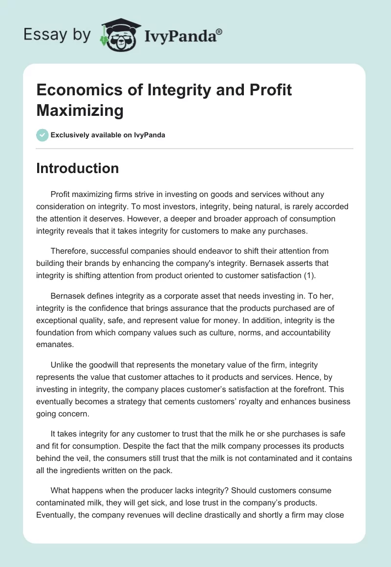 Economics of Integrity and Profit Maximizing. Page 1