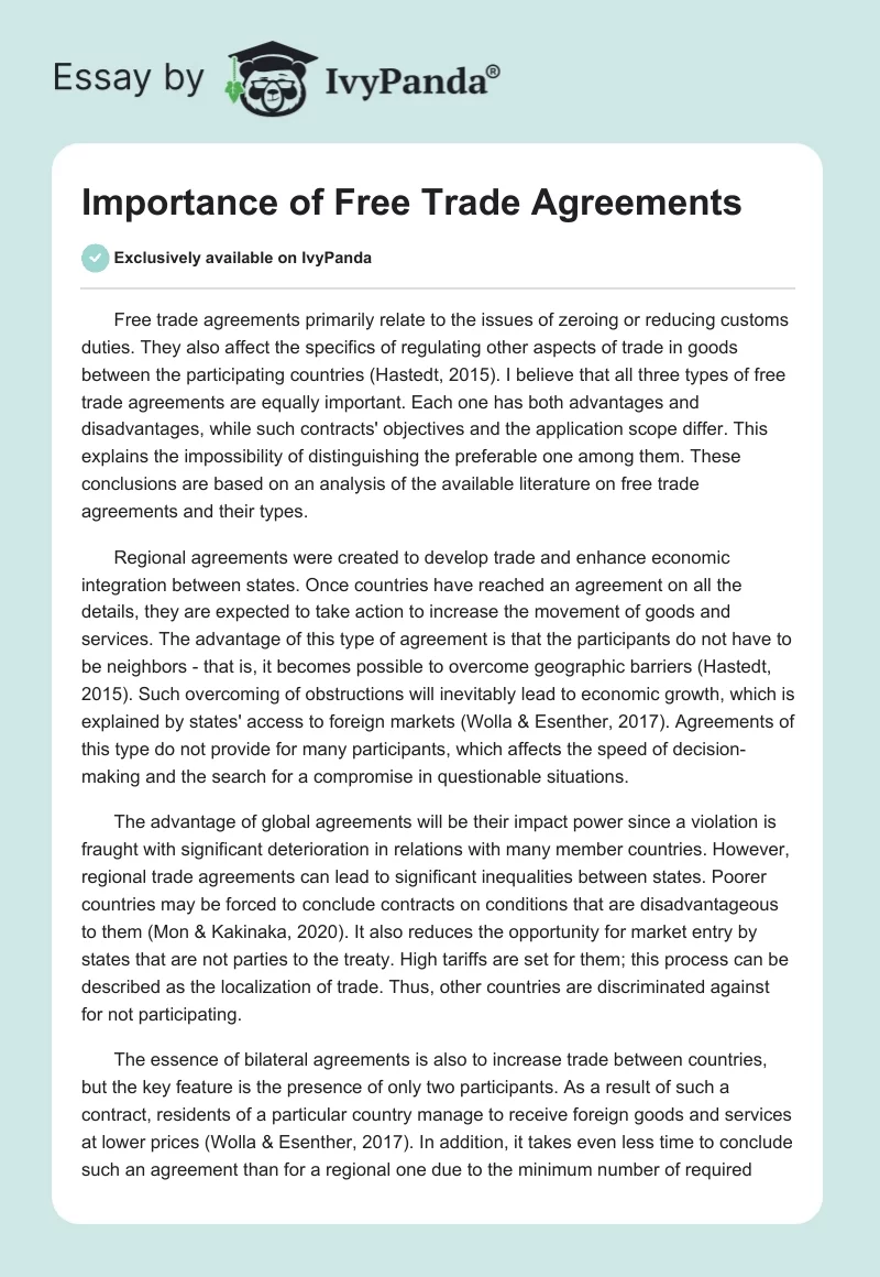 Importance of Free Trade Agreements. Page 1