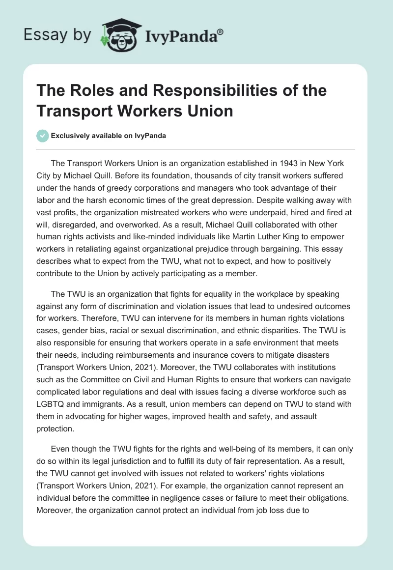 The Roles and Responsibilities of the Transport Workers Union. Page 1