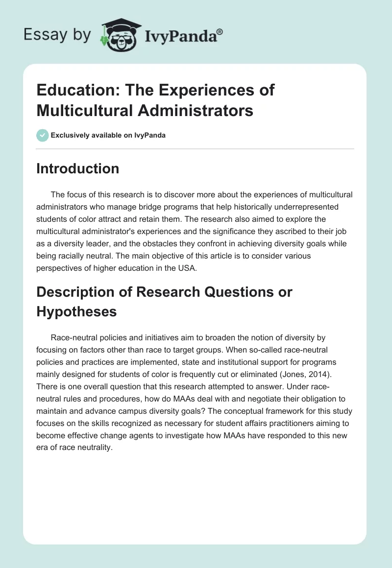 Education: The Experiences of Multicultural Administrators. Page 1