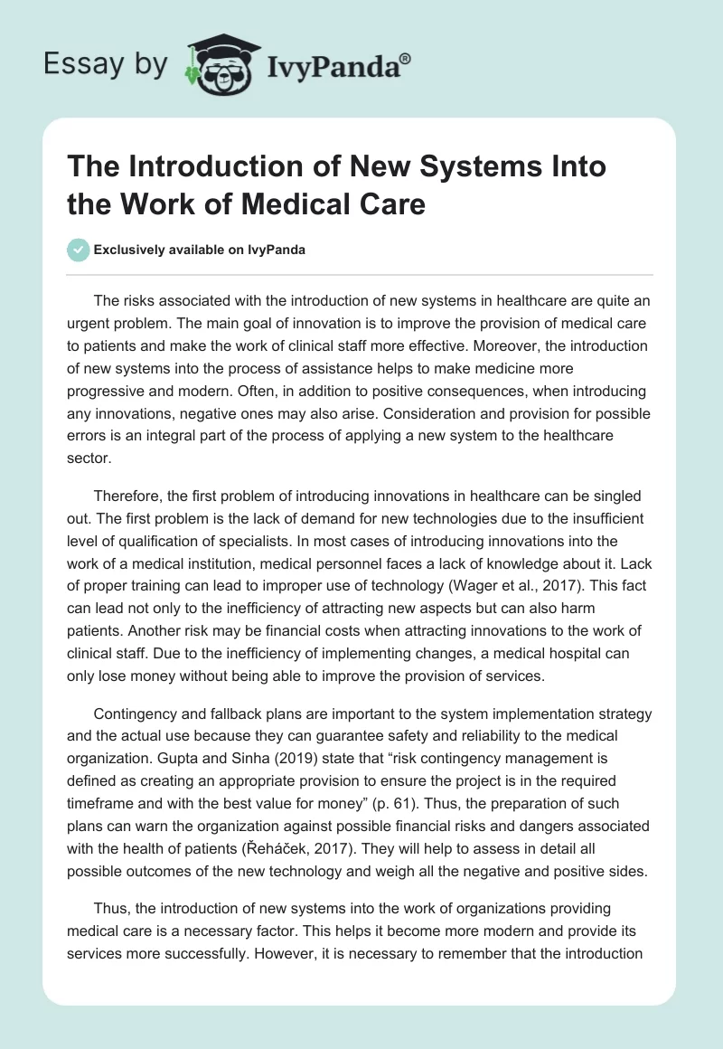 The Introduction of New Systems Into the Work of Medical Care. Page 1
