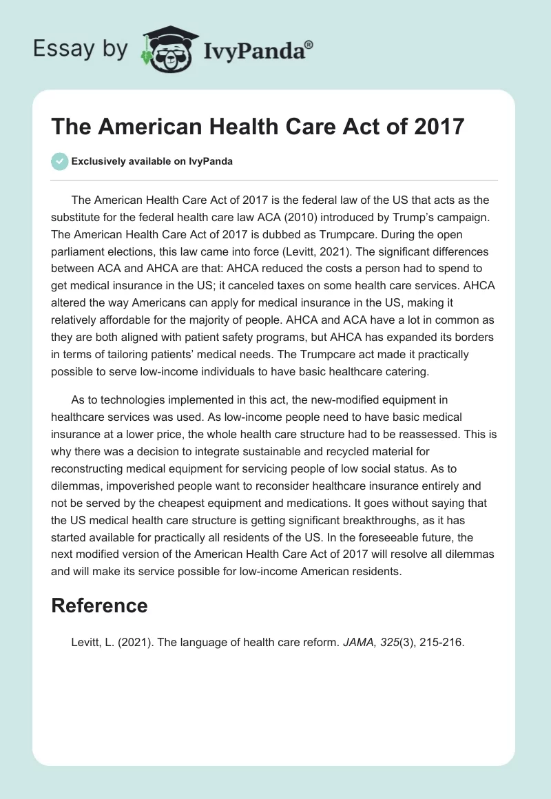 The American Health Care Act of 2017. Page 1
