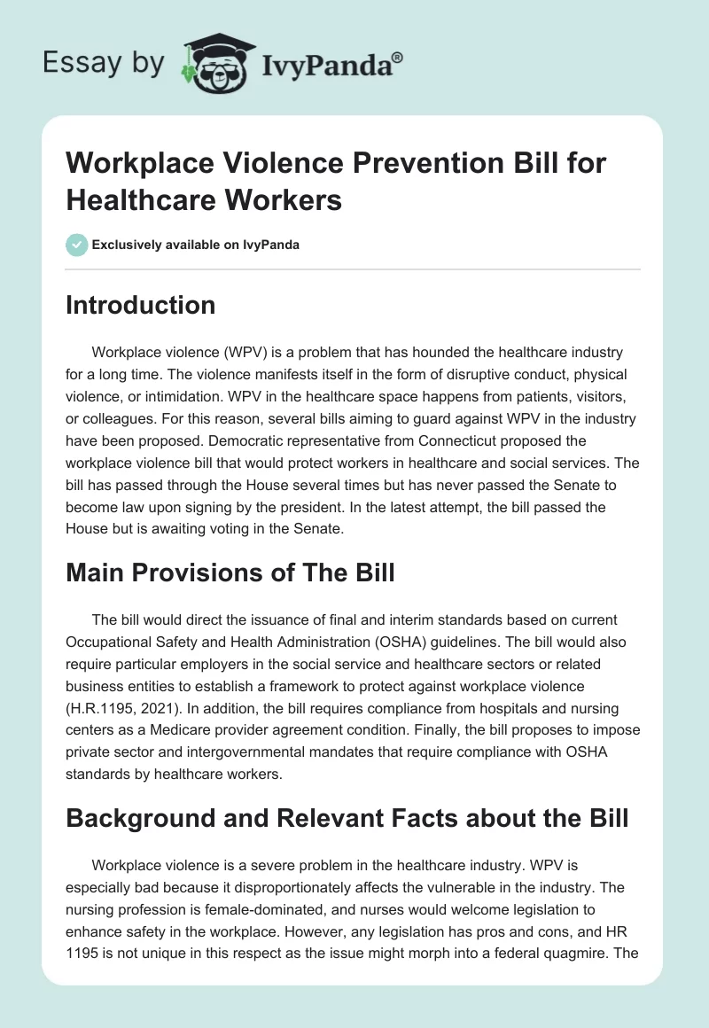 Workplace Violence Prevention Bill for Healthcare Workers. Page 1