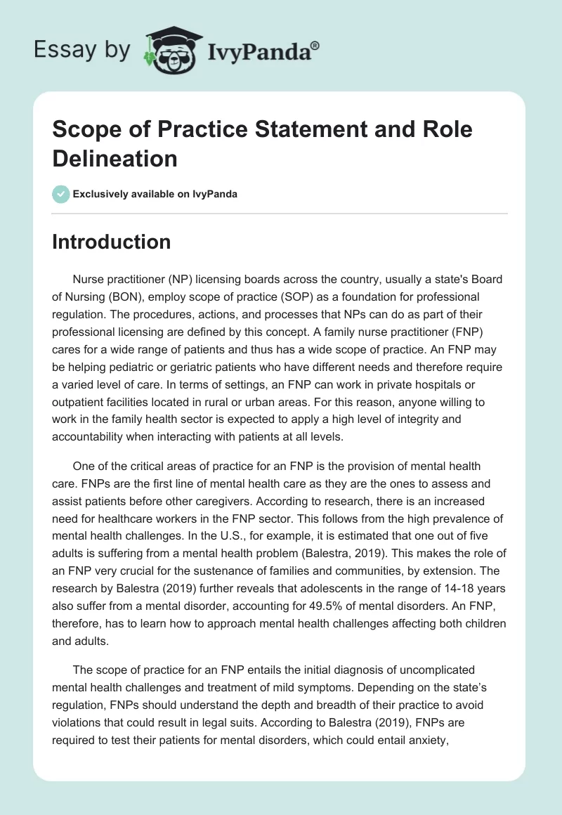 Scope of Practice Statement and Role Delineation. Page 1