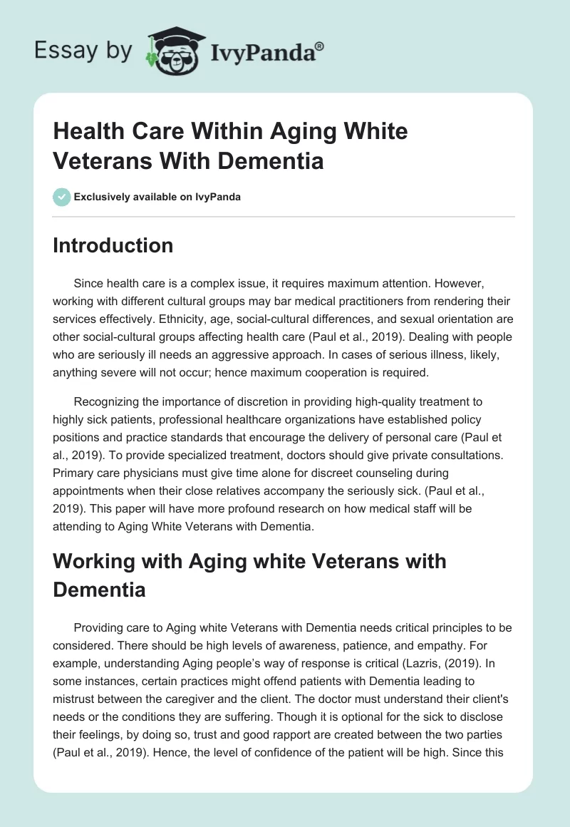 Health Care Within Aging White Veterans With Dementia. Page 1