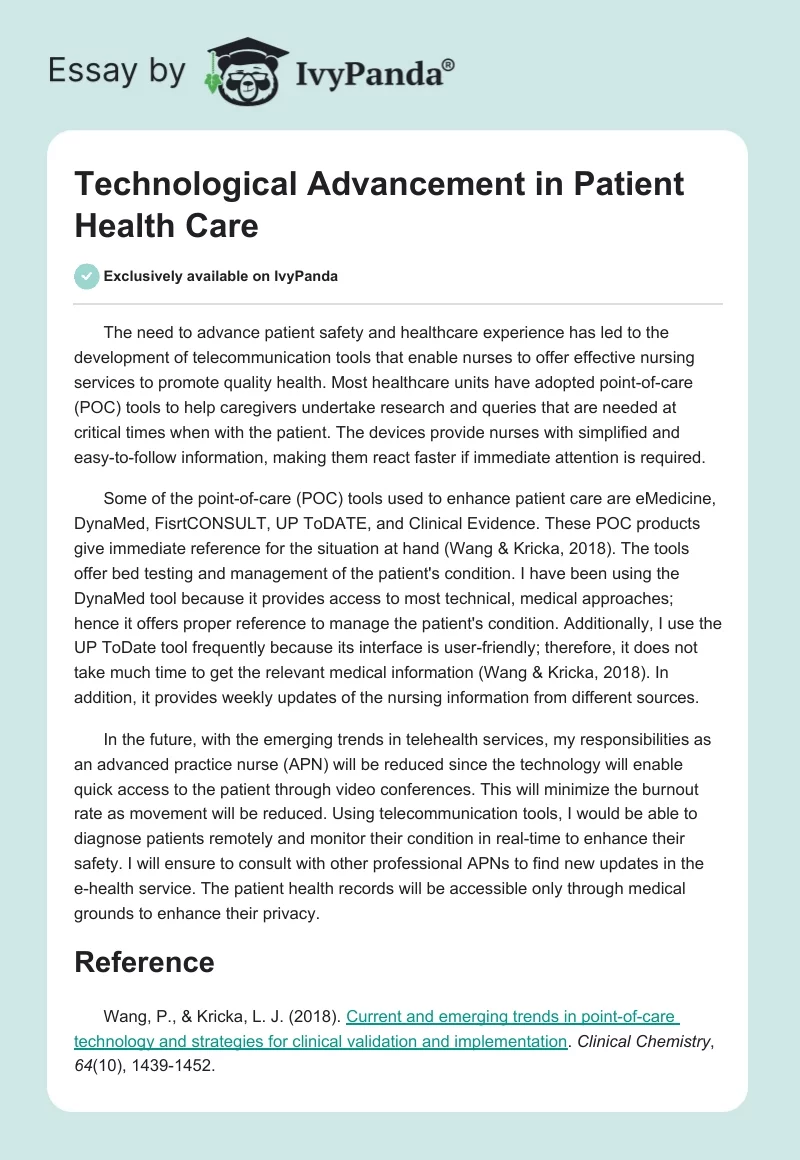 Technological Advancement in Patient Health Care. Page 1