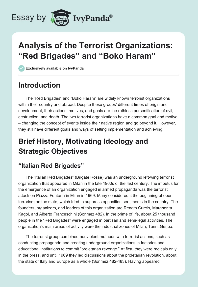 Analysis of the Terrorist Organizations: “Red Brigades” and “Boko Haram”. Page 1