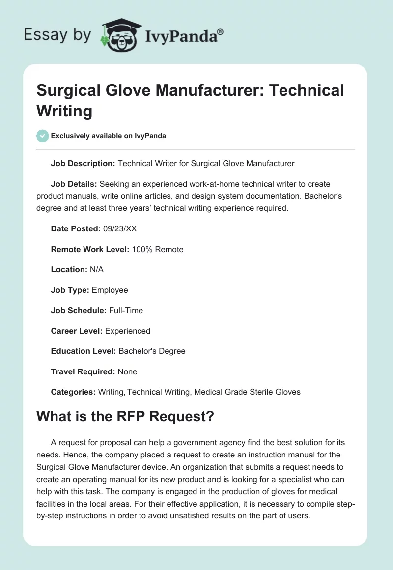 Surgical Glove Manufacturer: Technical Writing. Page 1