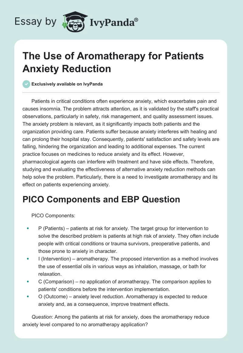 The Use of Aromatherapy for Patients Anxiety Reduction. Page 1
