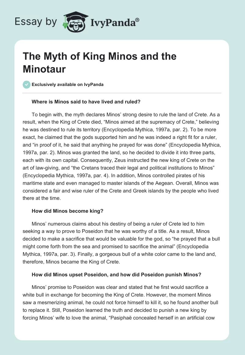 The Myth of King Minos and the Minotaur. Page 1