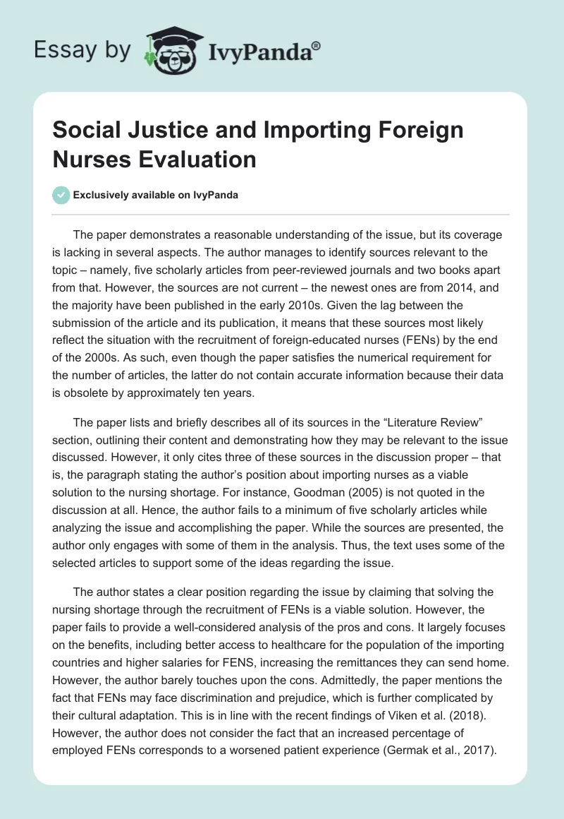 Social Justice and Importing Foreign Nurses Evaluation. Page 1