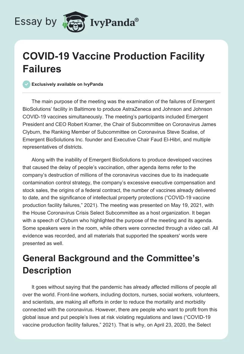 COVID-19 Vaccine Production Facility Failures. Page 1