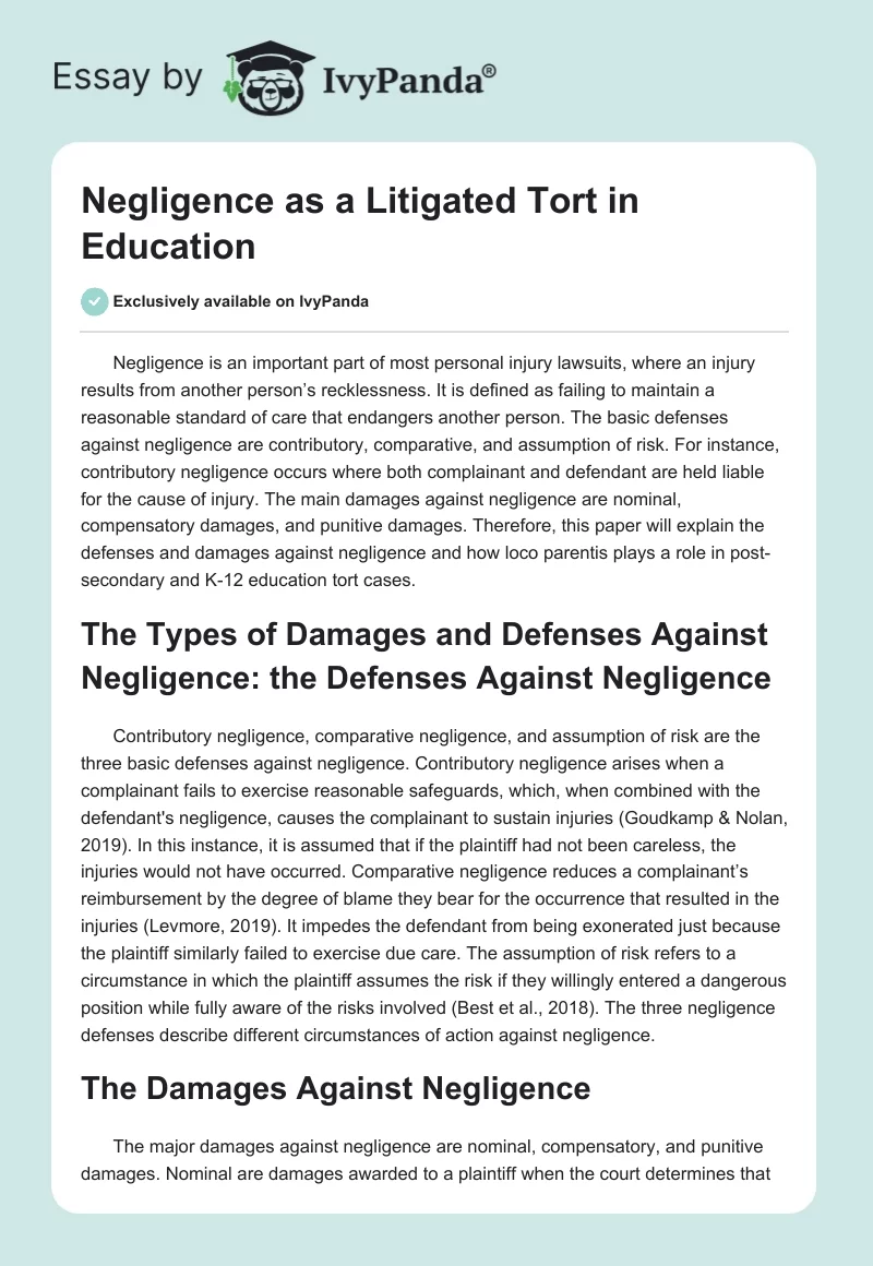 Negligence as a Litigated Tort in Education. Page 1