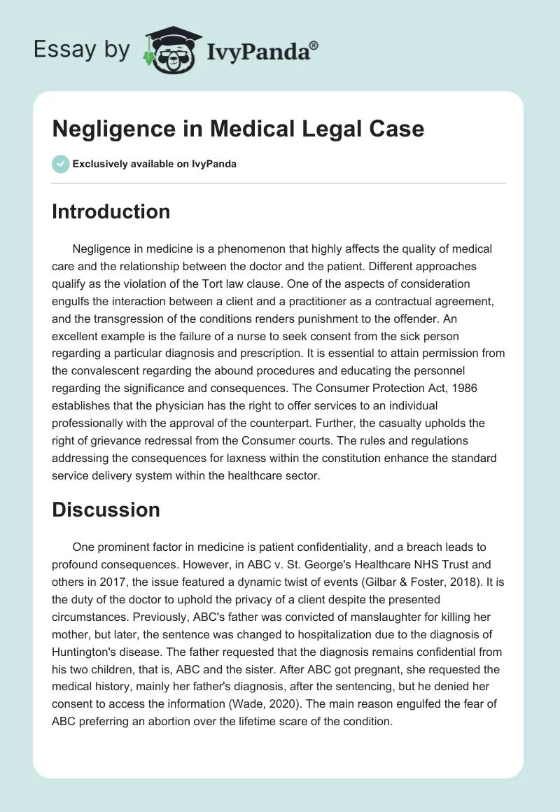 Negligence in Medical Legal Case. Page 1
