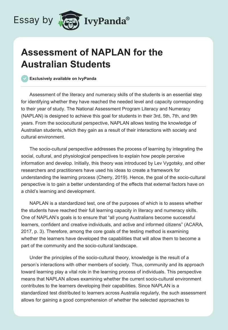 Assessment of NAPLAN for the Australian Students. Page 1