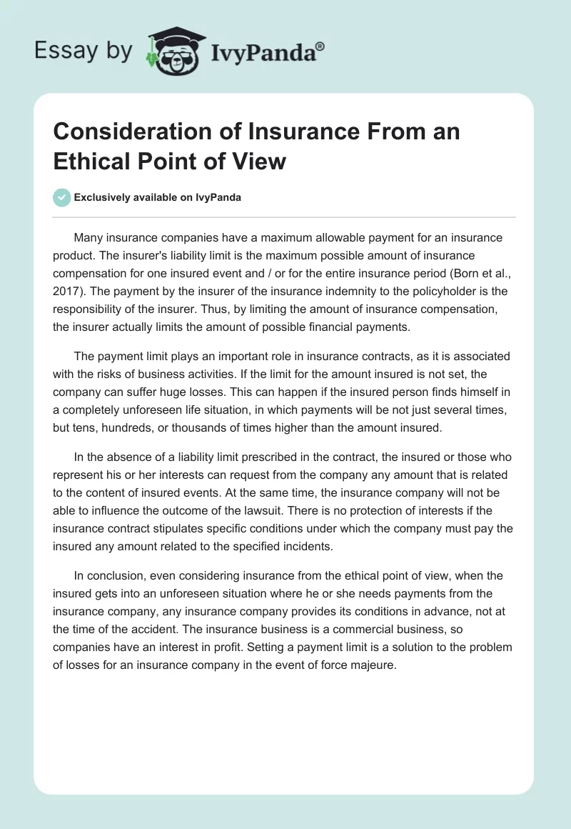 Consideration of Insurance From an Ethical Point of View. Page 1