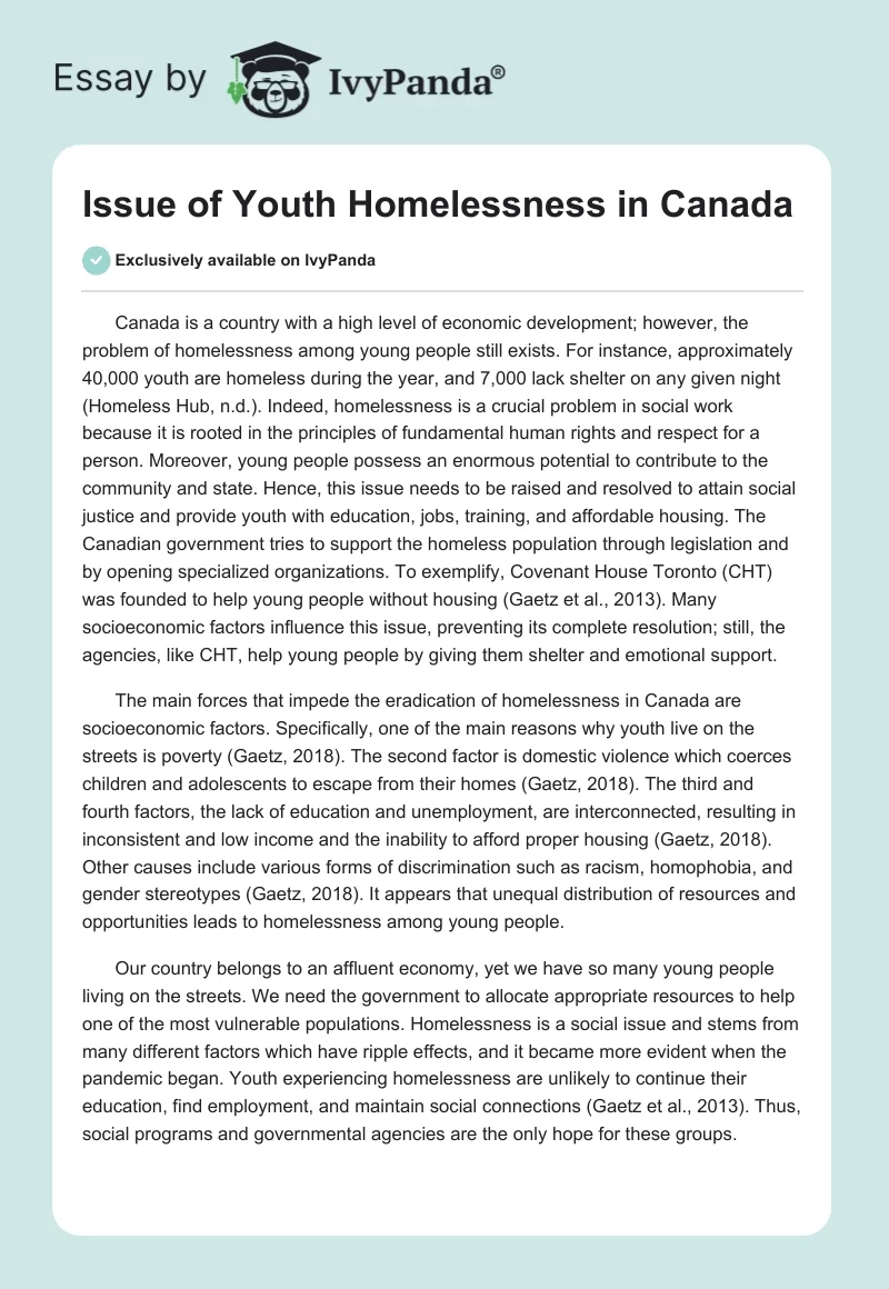 Issue of Youth Homelessness in Canada. Page 1