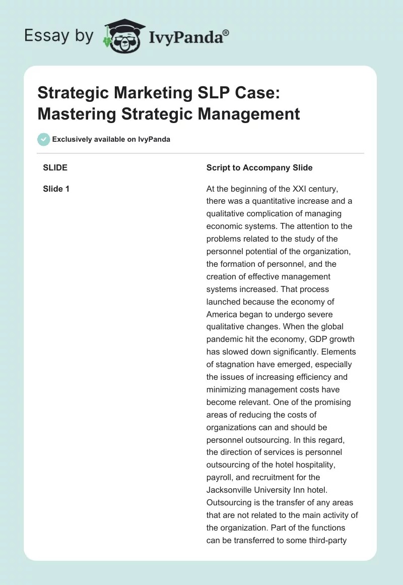 Strategic Marketing SLP Case: Mastering Strategic Management. Page 1