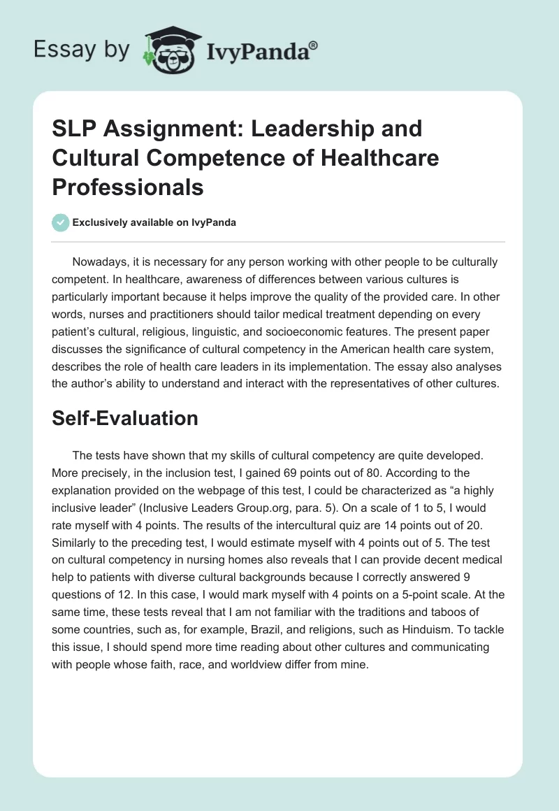 SLP Assignment: Leadership and Cultural Competence of Healthcare Professionals. Page 1