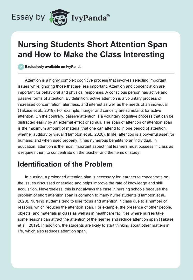 Nursing Students Short Attention Span and How to Make the Class Interesting. Page 1
