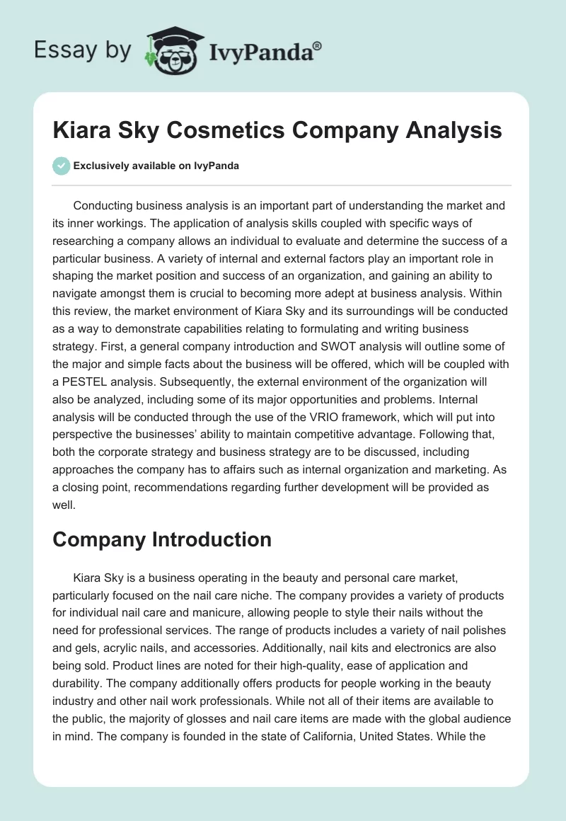 Kiara Sky Cosmetics Company Analysis. Page 1