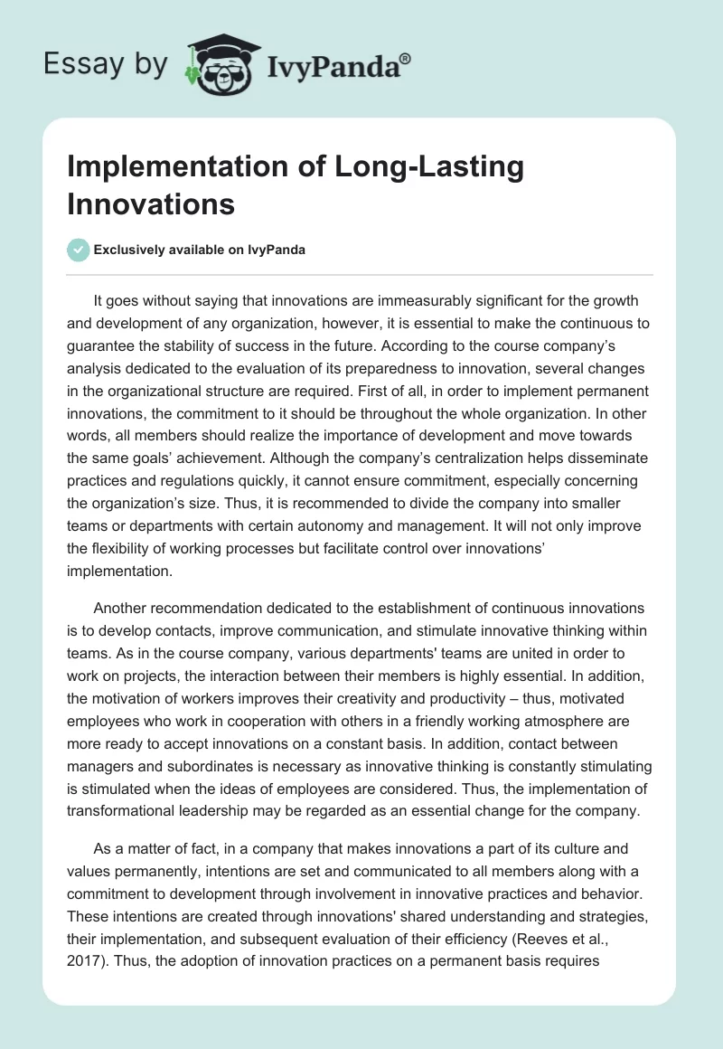 Implementation of Long-Lasting Innovations. Page 1