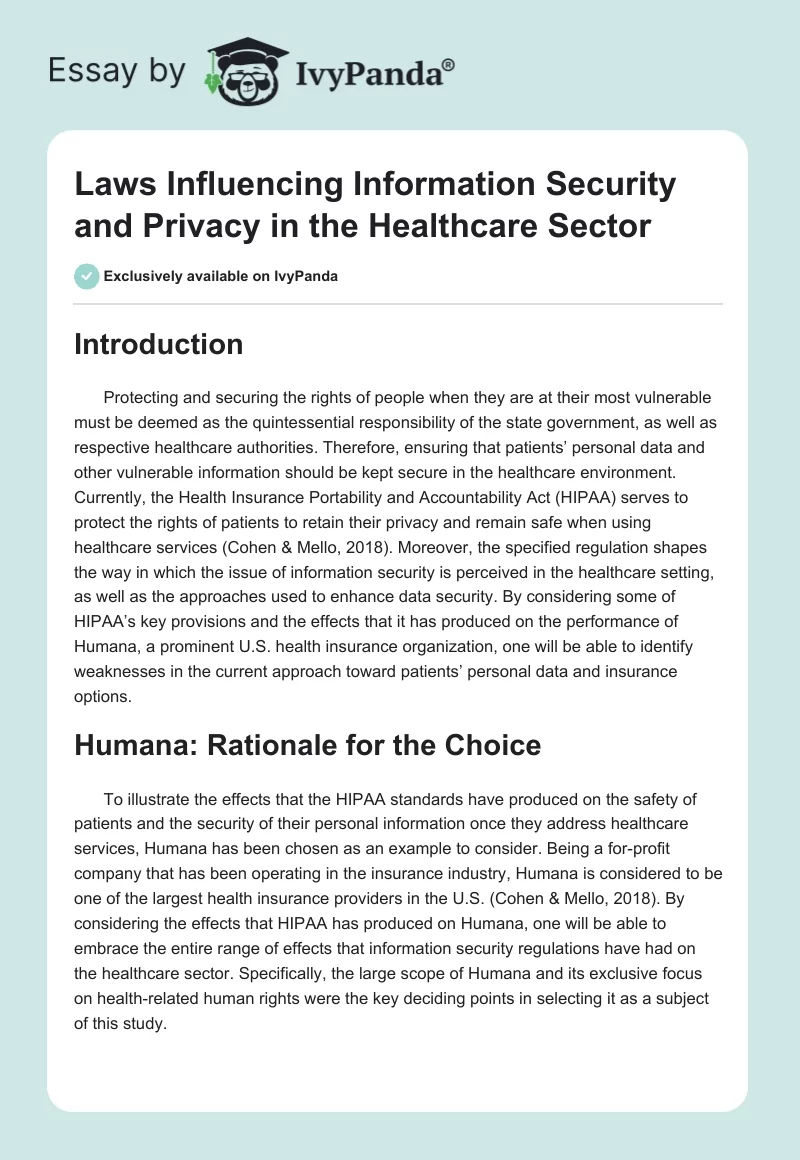 Laws Influencing Information Security and Privacy in the Healthcare Sector. Page 1