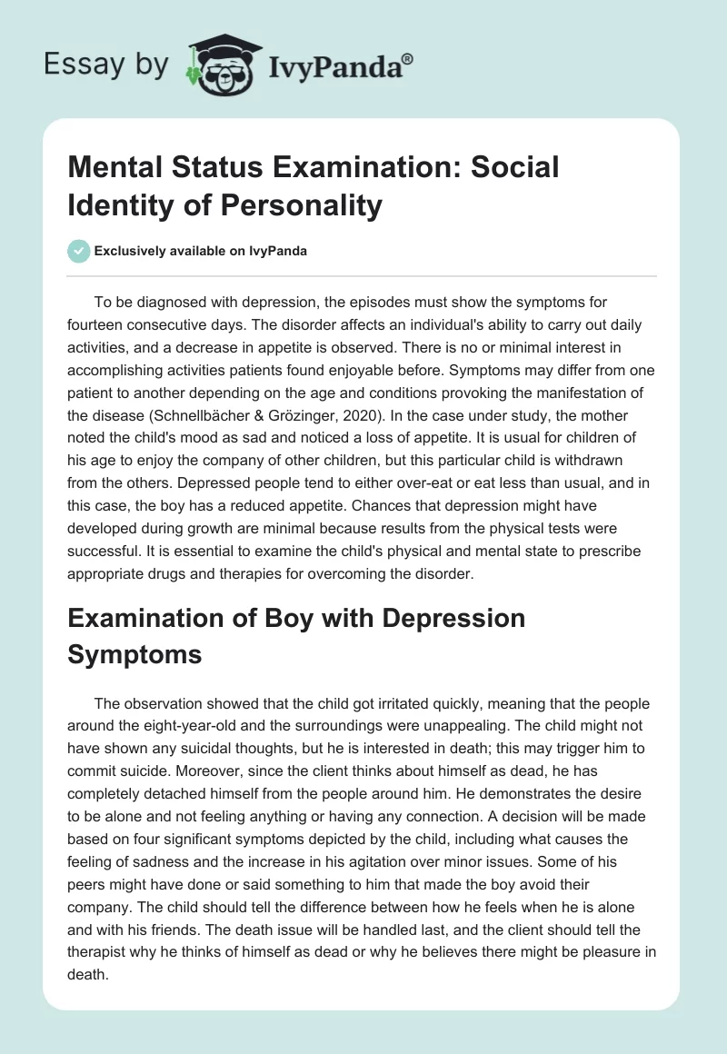 Mental Status Examination: Social Identity of Personality. Page 1