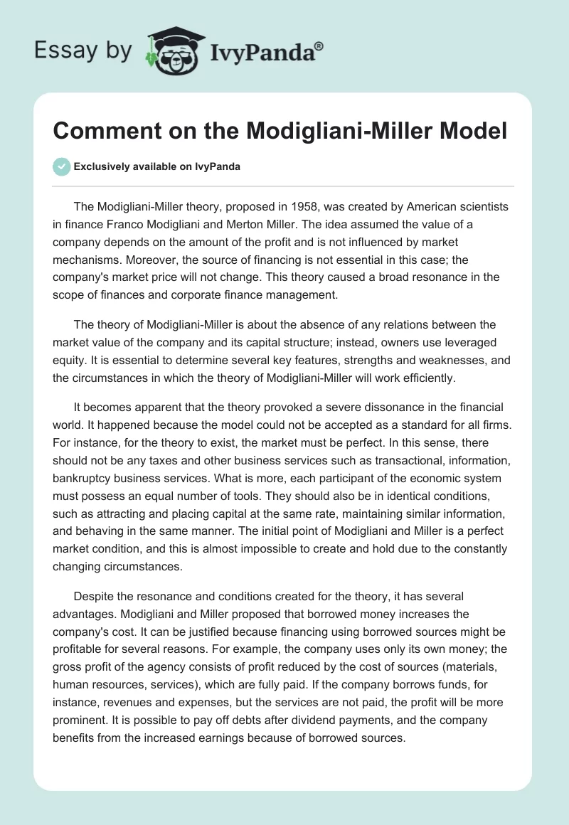 Comment on the Modigliani-Miller Model. Page 1