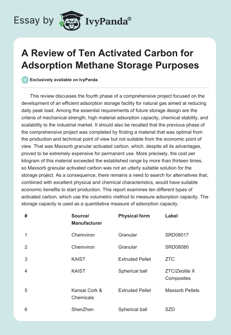 A Review of Ten Activated Carbon for Adsorption Methane Storage Purposes. Page 1