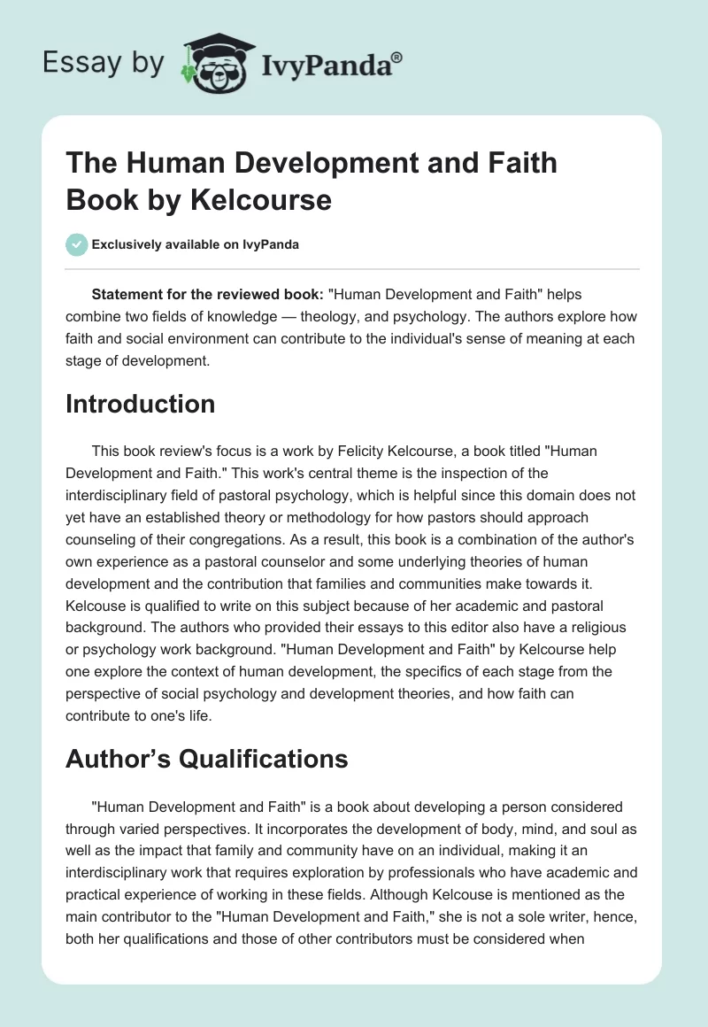 The "Human Development and Faith" Book by Kelcourse. Page 1