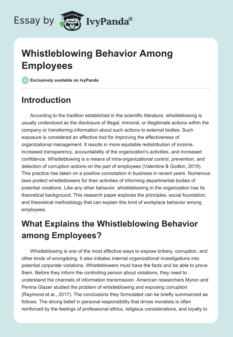 Whistleblowing Behavior Among Employees. Page 1