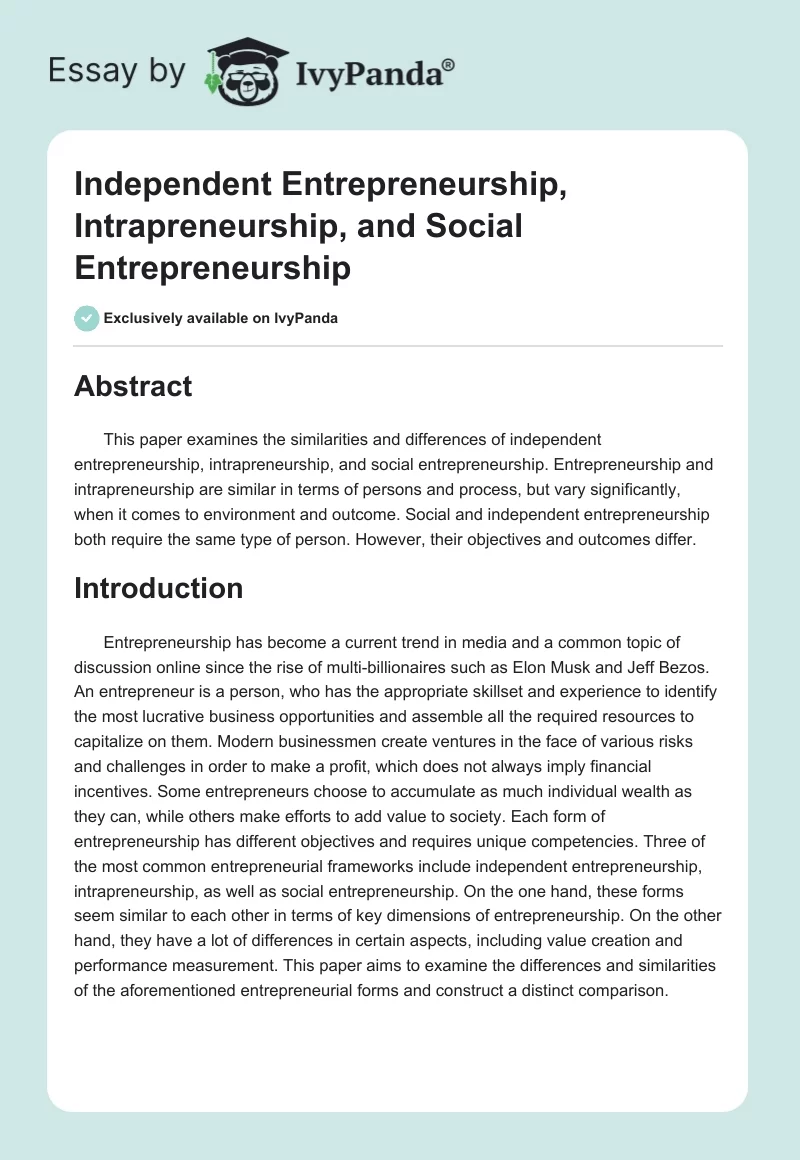 Independent Entrepreneurship, Intrapreneurship, and Social Entrepreneurship. Page 1