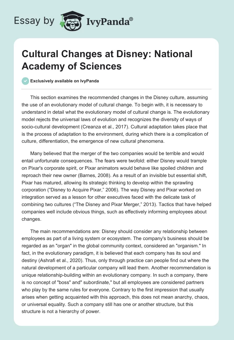 Cultural Changes at Disney: National Academy of Sciences. Page 1