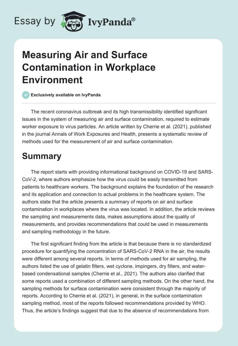 Measuring Air and Surface Contamination in Workplace Environment. Page 1