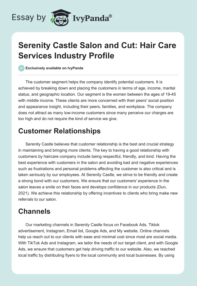 Serenity Castle Salon and Cut: Hair Care Services Industry Profile. Page 1