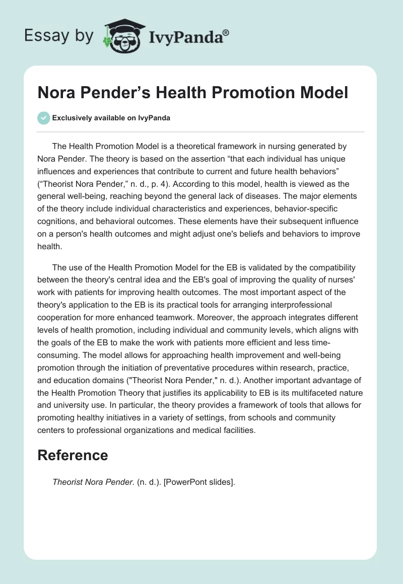 Nora Pender’s Health Promotion Model. Page 1