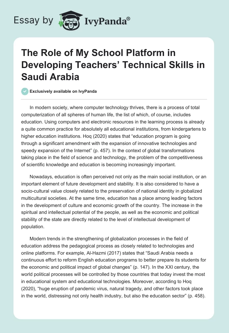 The Role of My School Platform in Developing Teachers’ Technical Skills in Saudi Arabia. Page 1