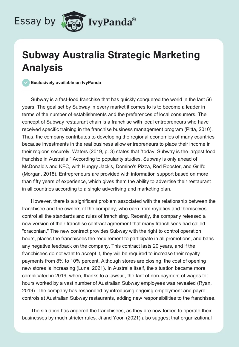 Subway Australia Strategic Marketing Analysis. Page 1