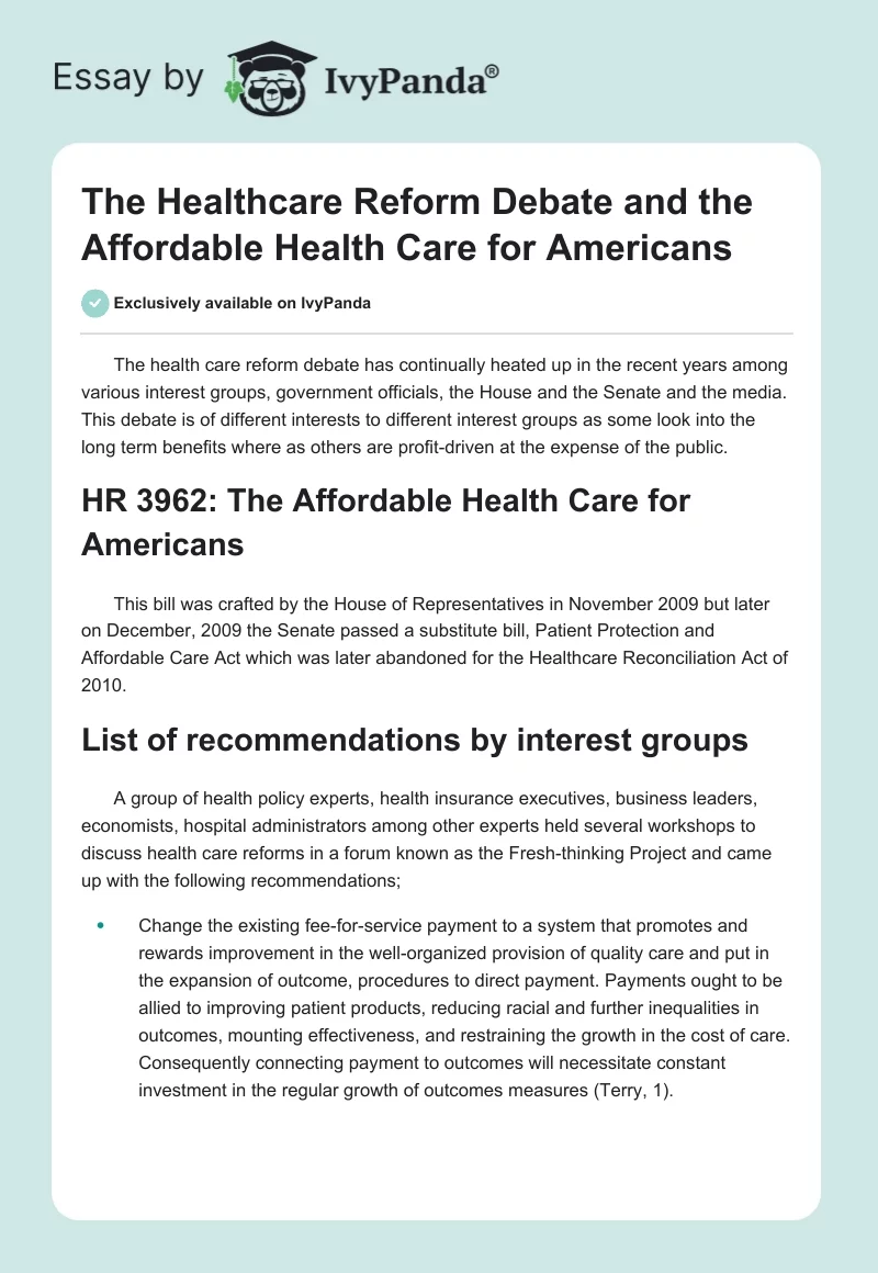 The Healthcare Reform Debate and the Affordable Health Care for Americans. Page 1
