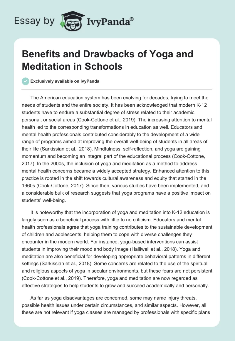 Benefits and Drawbacks of Yoga and Meditation in Schools. Page 1
