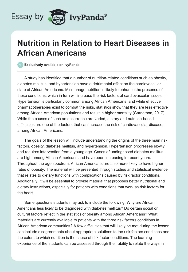 Nutrition in Relation to Heart Diseases in African Americans. Page 1