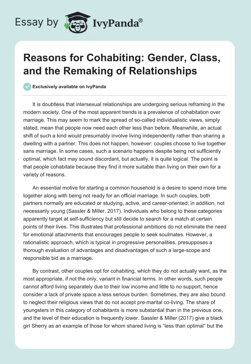 Reasons for Cohabiting: Gender, Class, and the Remaking of Relationships. Page 1