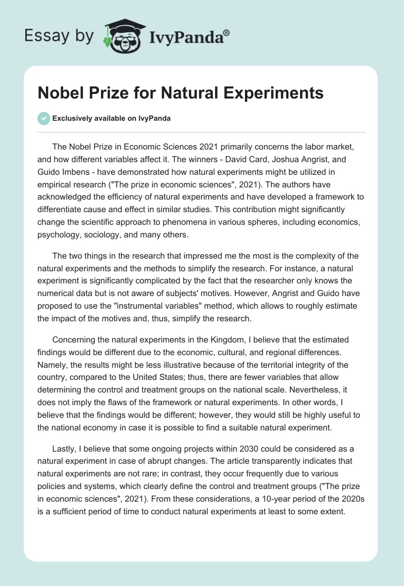 Nobel Prize for Natural Experiments. Page 1