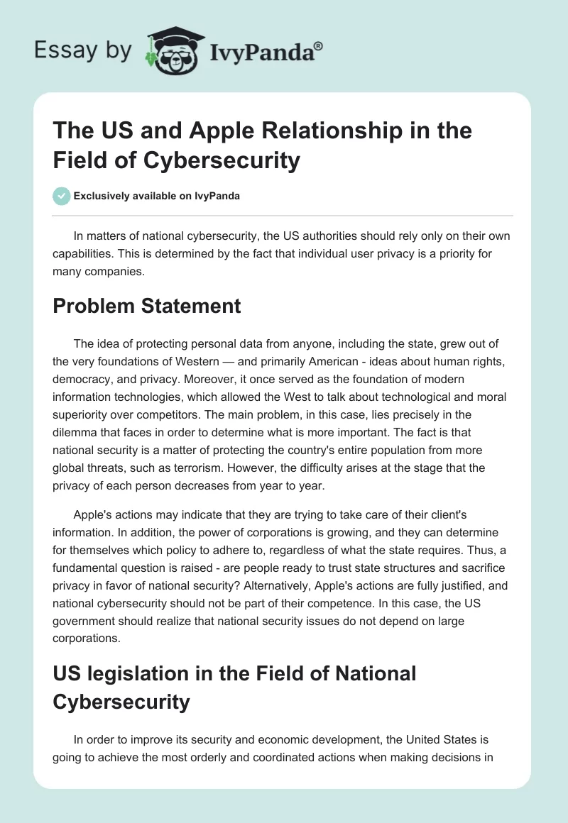 The US and Apple Relationship in the Field of Cybersecurity. Page 1