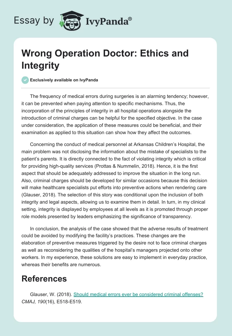 Wrong Operation Doctor: Ethics and Integrity. Page 1