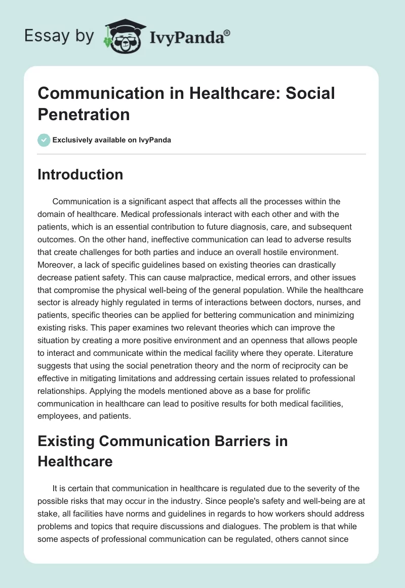 Communication in Healthcare: Social Penetration. Page 1