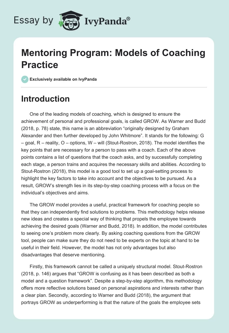 Mentoring Program: Models of Coaching Practice. Page 1