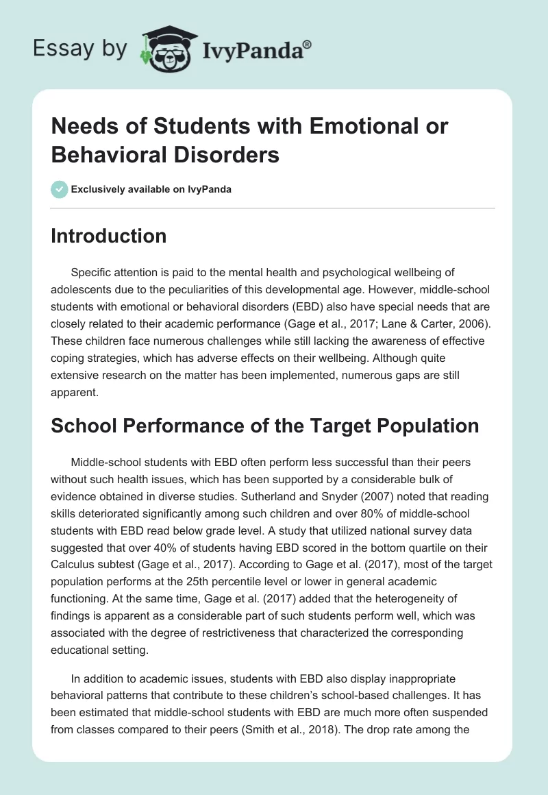 Needs of Students with Emotional or Behavioral Disorders. Page 1